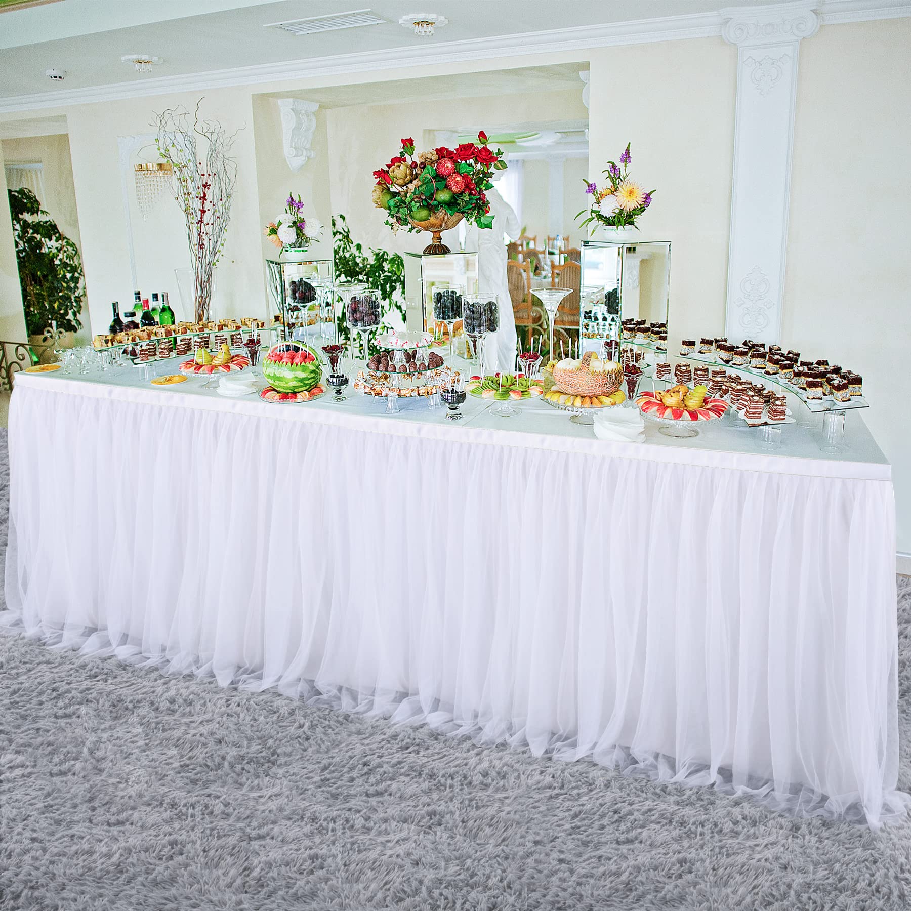 2 Pack 6Ft White Tulle Table Skirts For Wedding Bridal Shower White Ruffle Tutu Tablecloth For Baby Shower Birthday Party Banque